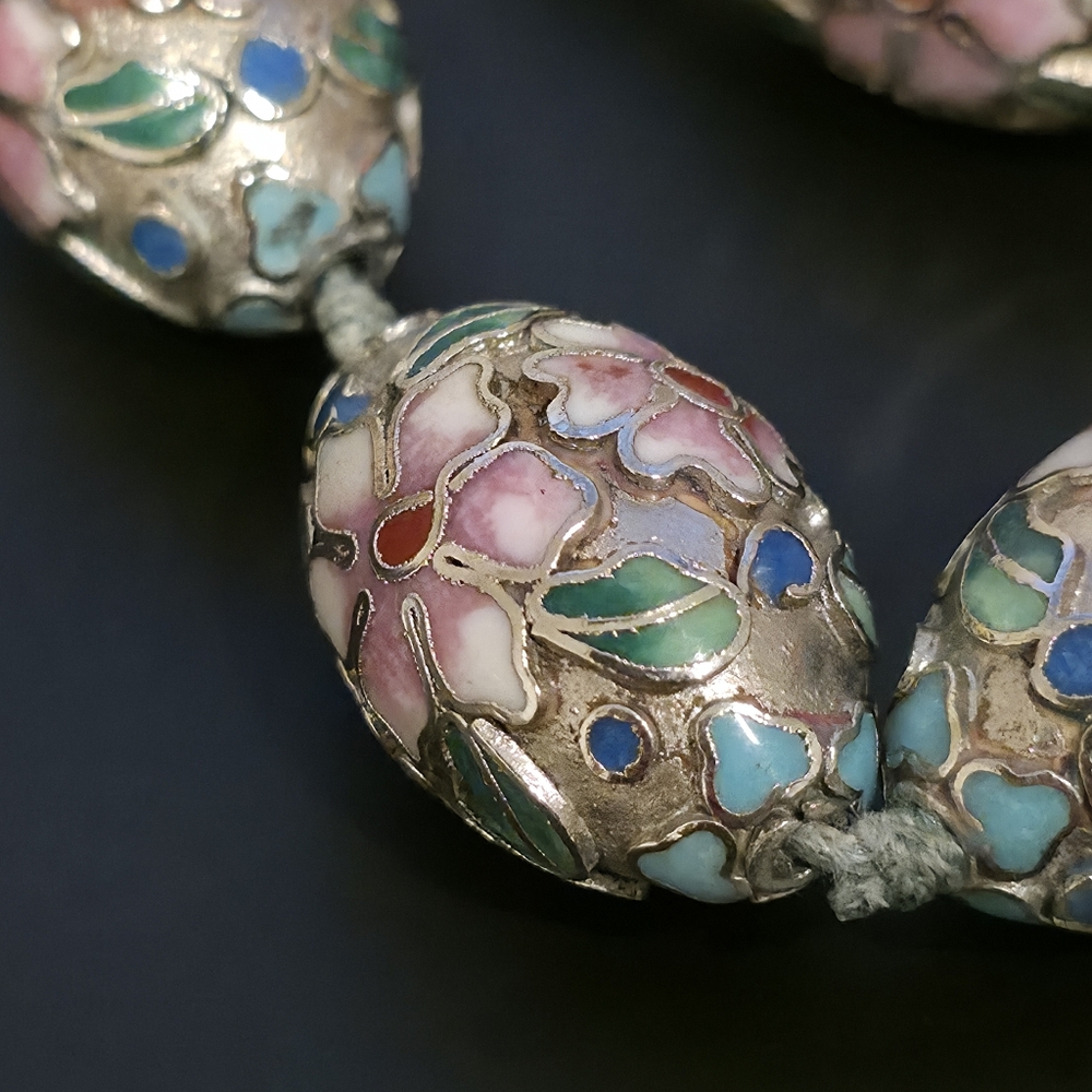Vintage Chinese Cloissone Oval Beaded Floral Choker Necklace Stamped - Picture 8 of 12